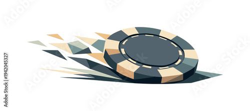 Low-poly vector illustration of a poker chip landing flat after the toss, single victorious chip settling with confident angular