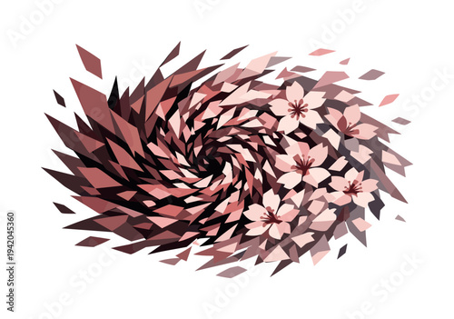 Low-poly vector illustration of a cherry blossom swirl under peak tension, petal vortex compressed into dense angular planes as