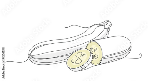 Whole and sliced zucchini vegetables depicted in a minimalist black line art style on a white background suitable for healthy diet and food icons.