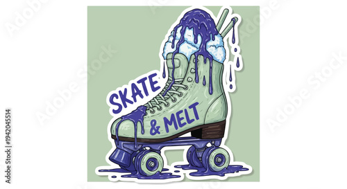 "Skate & Melt" Retro Roller Skate Ice Cream Sticker Vector Illustration,vintage mint green quad roller skate filled with melting ice cream and dripping purple syrup
