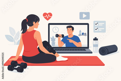 Flat vector illustration of a young woman sitting on a yoga mat at home, following a personal trainer's workout advice on a laptop screen with dumbbells, water bottle, and fitness icons.