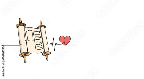 Open torah scroll connected to a red heart and a heartbeat pulse line in a simple continuous drawing style representing faith and life devotion.