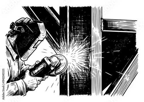 Professional worker wearing protective helmet using angle grinder on industrial metal construction