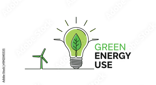 Green energy light bulb with a leaf inside stands next to a wind turbine in a simple line drawing representing eco friendly power and sustainability.