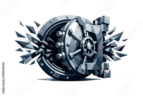 Low-poly vector illustration of a vault door just before slamming, heavy circular door partially open with tense angular hinges