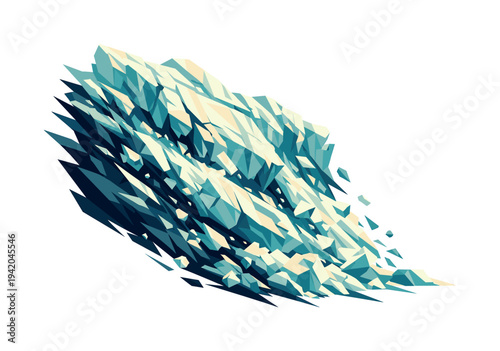 Low-poly vector illustration of a glacier slide collapse escalating, huge angular ice slabs breaking free and sliding downward at