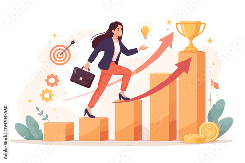 Ambitious Young Businesswoman Climbing a Bar Chart Towards a Golden Trophy, Symbolizing Career Growth, Success, and Achievement. Flat Vector Illustration of Professional Development and Goals.