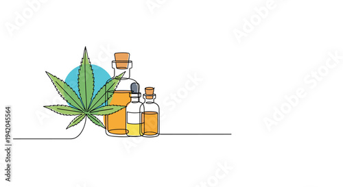 Glass bottles of cannabis oil and a green hemp leaf shown in a continuous line drawing style representing natural medicine and wellness products.