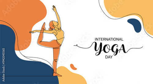 Graceful female figure performs a yoga pose against a background of abstract colorful shapes for the celebration of International Yoga Day event.