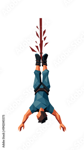 Low-poly vector illustration of a bungee jumper at maximum cord stretch, single human figure with sharply faceted anatomy