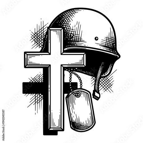 Military memorial composition featuring combat helmet soldier dog tags and christian cross