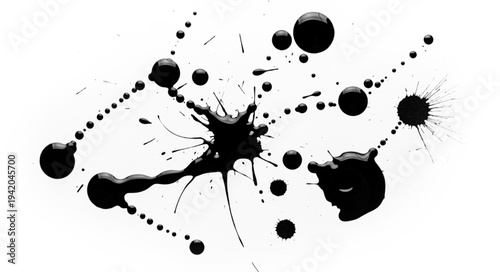 Abstract Black Ink Splatter on White Background.