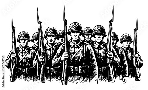 Hand drawn sketch of a group of infantry soldiers standing with rifles and bayonets