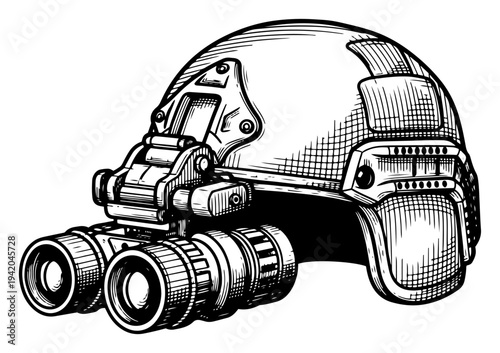 Hand drawn sketch of a modern tactical combat helmet with night vision goggles