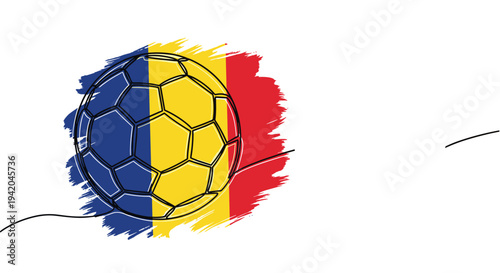 Soccer ball with the colors of the Romanian national flag depicted with a dynamic brush stroke style perfect for football fans and sports promotions.