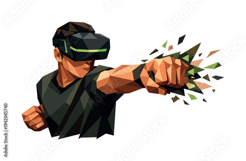 Low-poly vector illustration of a VR gamer throwing a powerful punch, single figure wearing an angular VR headset with sharply