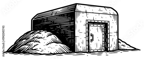 Hand drawn vintage military concrete bunker fortification hidden in a dirt hill