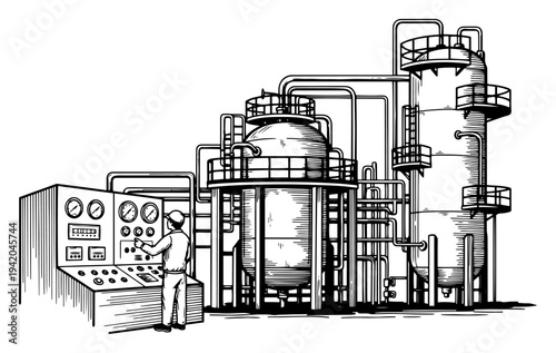 Hand drawn industrial sketch of an engineer at a control panel in a chemical plant refinery
