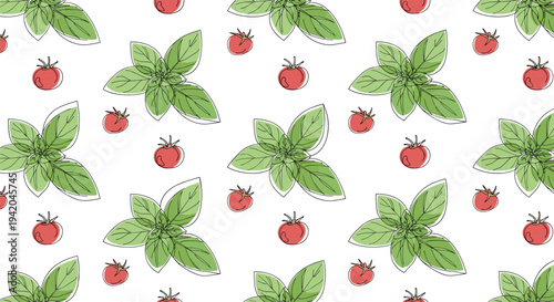 Fresh seamless pattern of small red tomatoes and green basil leaves creates a delicious and aromatic background for culinary and kitchen designs.