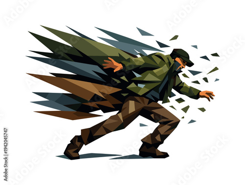 Low-poly vector illustration of a storm wind push under extreme tension, figure nearly losing balance as compressed angular wind