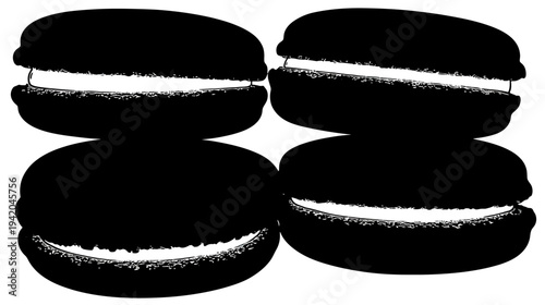 Four black and white sandwich cookies with a cream filling, artistic food illustration