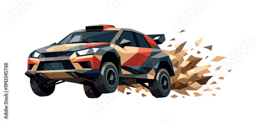 Low-poly vector illustration of a rally car launching into a dramatic jump, single off-road rally car with sharply faceted body