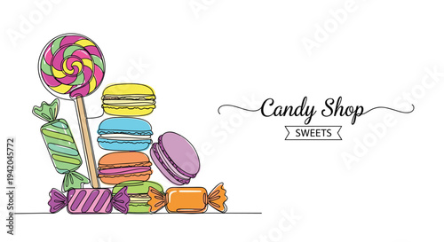 Assorted sweet treats including macarons and lollipops arranged in a stack shown in a colorful continuous line drawing for a candy shop display.