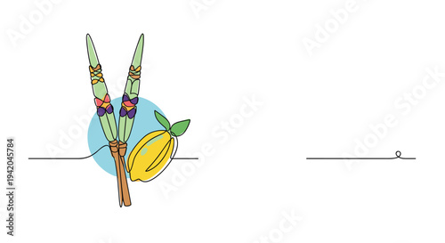 Traditional lulav and etrog used during the Jewish holiday of Sukkot shown in a simple line drawing style over a blue circle on a white background.