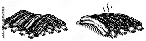 Vintage hand drawn grilled pork ribs with bone and meat texture