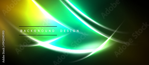 Abstract neon lines create vibrant green, yellow glow. Dark background emphasizes luminous curves, modern design elements.