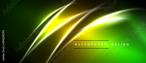 Abstract neon lines create dynamic green, yellow glow. Dark background emphasizes bright curves, modern design element.