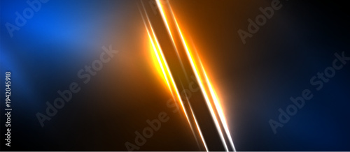 Abstract background features vibrant orange, blue light streaks. Dramatic contrast creates modern visual impact. Minimalist design.
