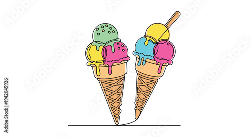 Two crispy waffle ice cream cones topped with several colorful scoops of delicious gelato shown in a clean and simple continuous line drawing.