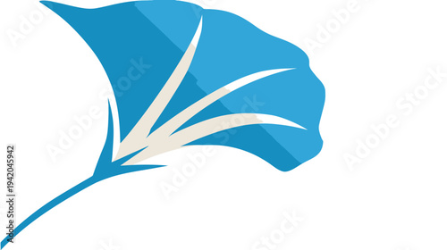 A stylized blue morning glory flower with white veins and a long curved stem