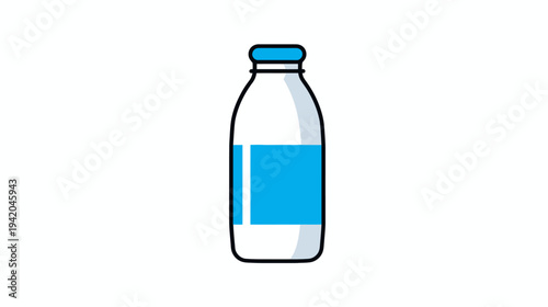 A cartoon illustration of a white bottle with a blue lid and a blue label