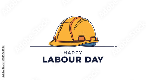 Yellow safety helmet for construction workers shown with bold text for the celebration of Happy Labour Day in a clean one line drawing style.