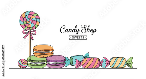 Variety of sweet candies including macarons and lollipops depicted in a vibrant continuous line drawing style for a professional candy shop logo.