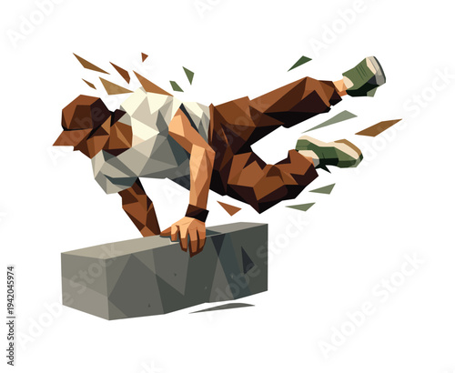 Low-poly vector illustration of a parkour athlete frozen mid–wall vault, full-body runner with sharply faceted anatomy and