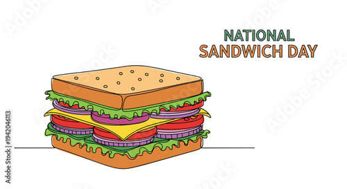 Delicious multilayered sandwich with fresh vegetables and cheese for National Sandwich Day celebration in a clean line art style drawing.