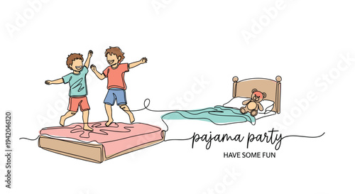 Two happy boys jumping on a mattress during a fun pajama party in a bedroom with a teddy bear on the bed and have some fun greeting.