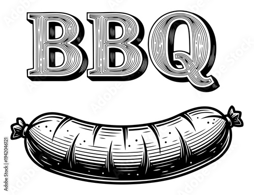 Vintage style BBQ typography with hand drawn grilled sausage sketch