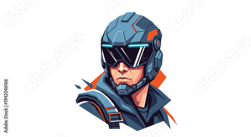 Detailed portrait of a futuristic soldier or pilot wearing a high-tech helmet and protective goggles in a creative pixel art style design.
