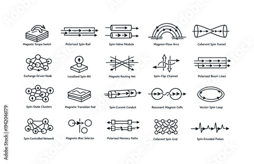 Line vector icons of spintronic signal architecture: magnetic torque switches, polarized spin rails, spin-valve modules,