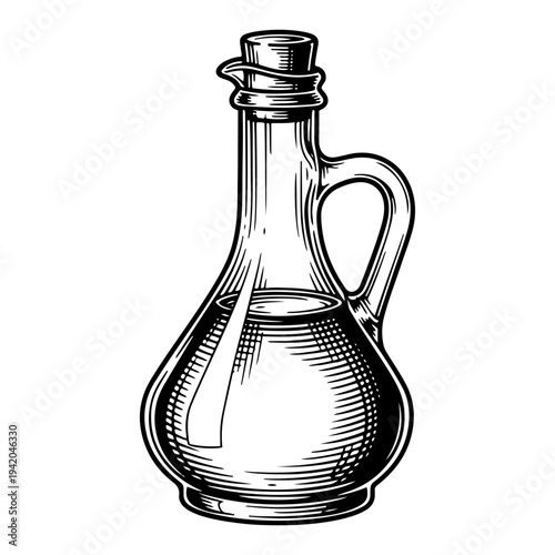 Elegant vintage style engraving of a glass bottle filled with olive oil