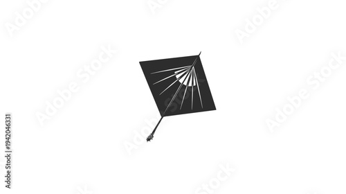 A dark gray kite-like shape with white accents and a handle on a pure white background