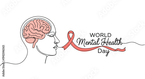 Profile of a human head with a brain connected to a pink ribbon for World Mental Health Day awareness campaign in line art style drawing.