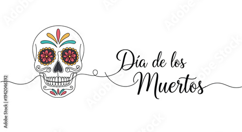 Decorative sugar skull with floral patterns and ornaments for Dia de los Muertos Mexican holiday in a continuous line art drawing.
