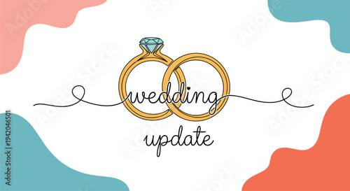 Two interlocking gold wedding rings with a sparkling diamond for a wedding update announcement in a creative line art style design.
