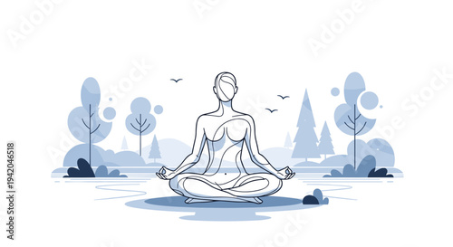 Woman practicing meditation in a serene forest landscape with trees and birds in a minimalist line art style for wellness themes.