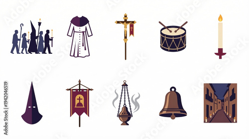 Holy Week Religious Procession and Catholic Penitent Tradition Flat Icon Set